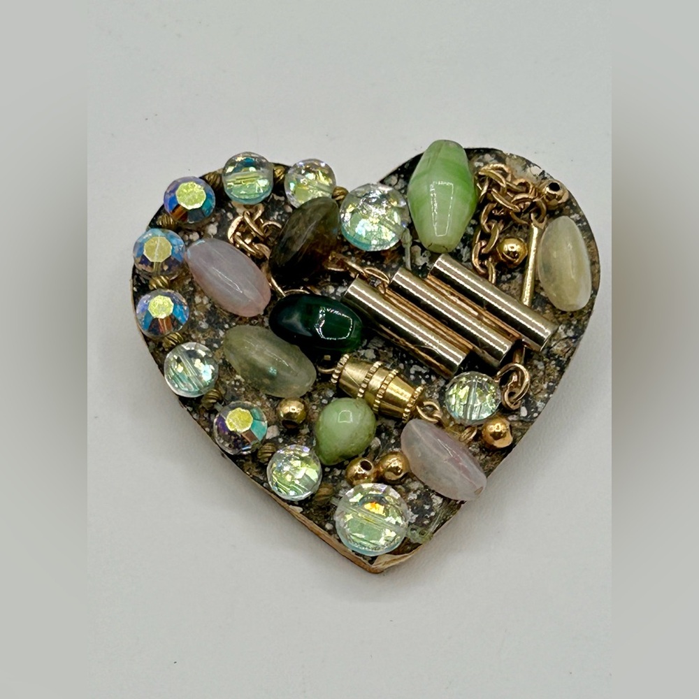 Tramp Art Handmade Heart Pin Brooch 2" x 1.75"